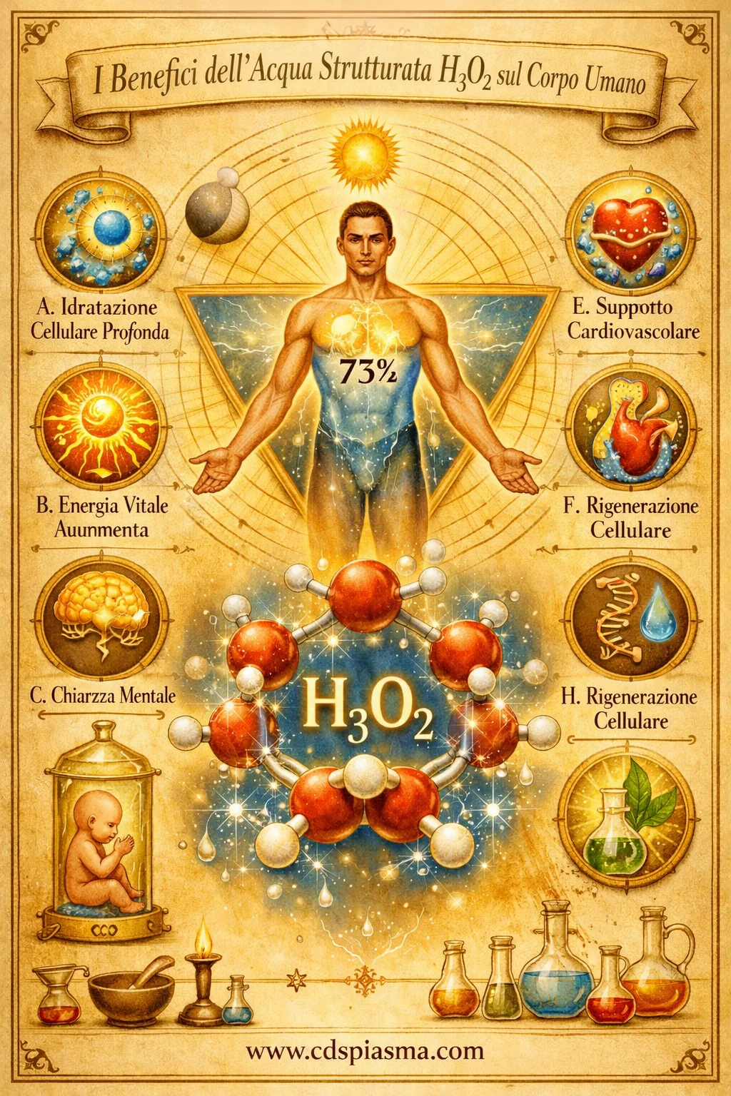 Infografica: i benefici dell'acqua strutturata H3O2 sul corpo umano